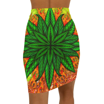 Pot Leaf Collage With Yellow Orange Background With Marijuana Pot Weed 420 Women's Mini Skirt (AOP)