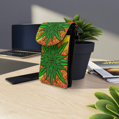 Pot Leaf Collage With Yellow Orange Background With Marijuana Pot Weed 420 Small Cell Phone Wallet