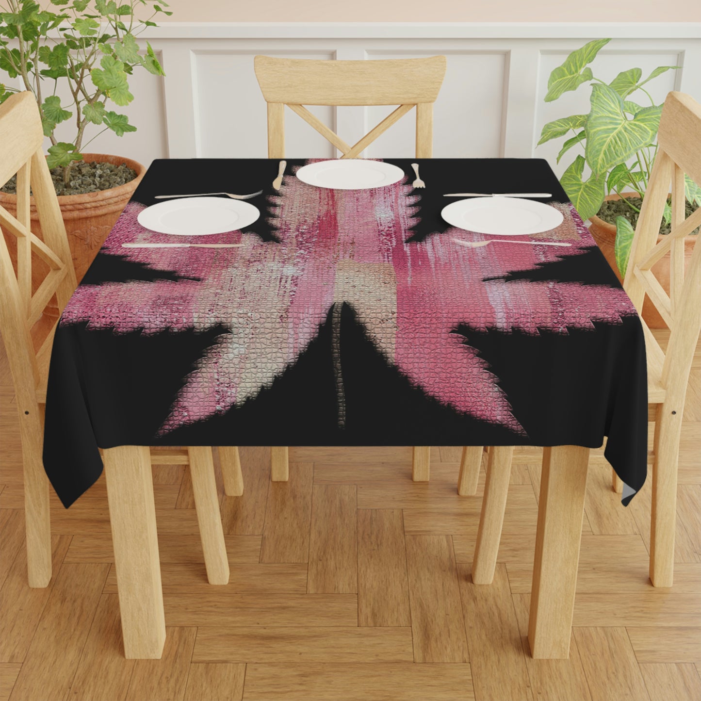 Sassy Single Pink Marijuana 420 Weed Leaf With Black Background Tablecloth