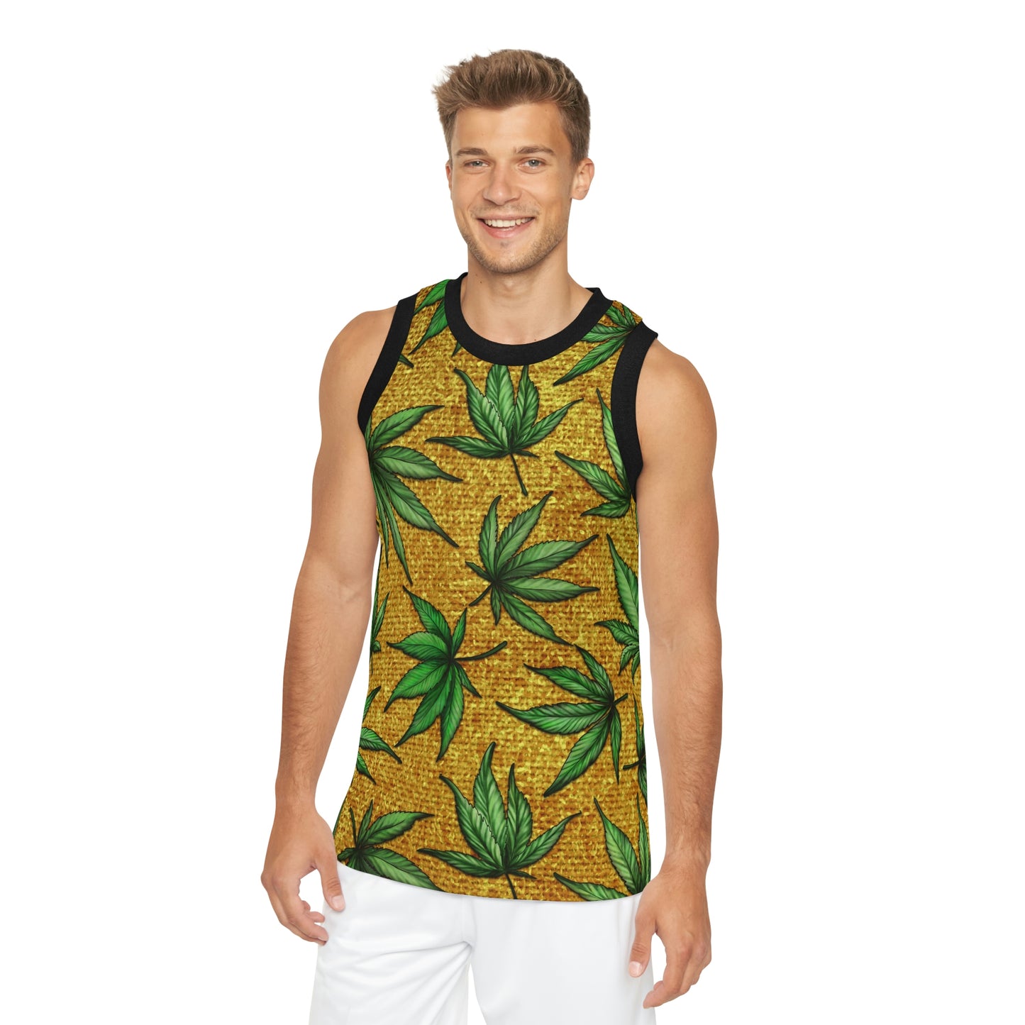 Gold And Green Marijuana Pot Weed Leaf With Gold Background 420 Unisex Basketball Jersey (AOP)