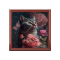 Grey White Cat with Butterfly and Purple, Pink Sassy Flowers Jewelry Box