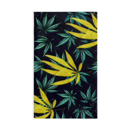 Large Gold Leaf Marijuana Pot Weed 420 With Green Leaf Background Hand Towel