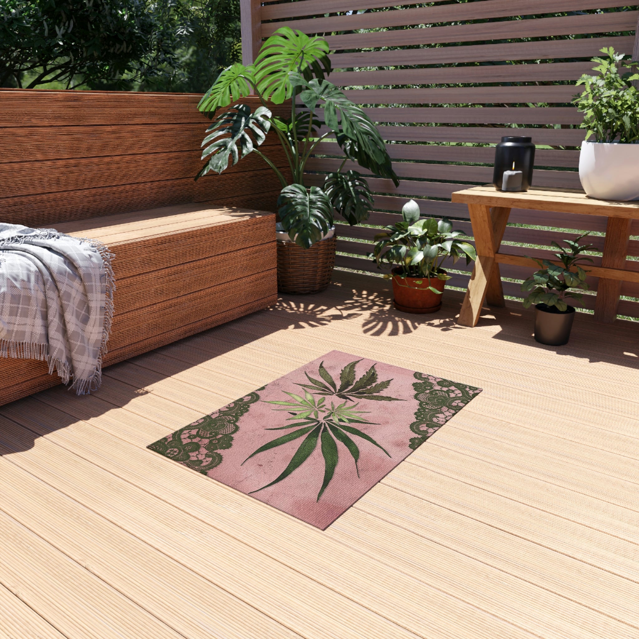 Grey Lace Gorgeous Pink Designed Marijuana 420 Weed Leaf Outdoor Rug