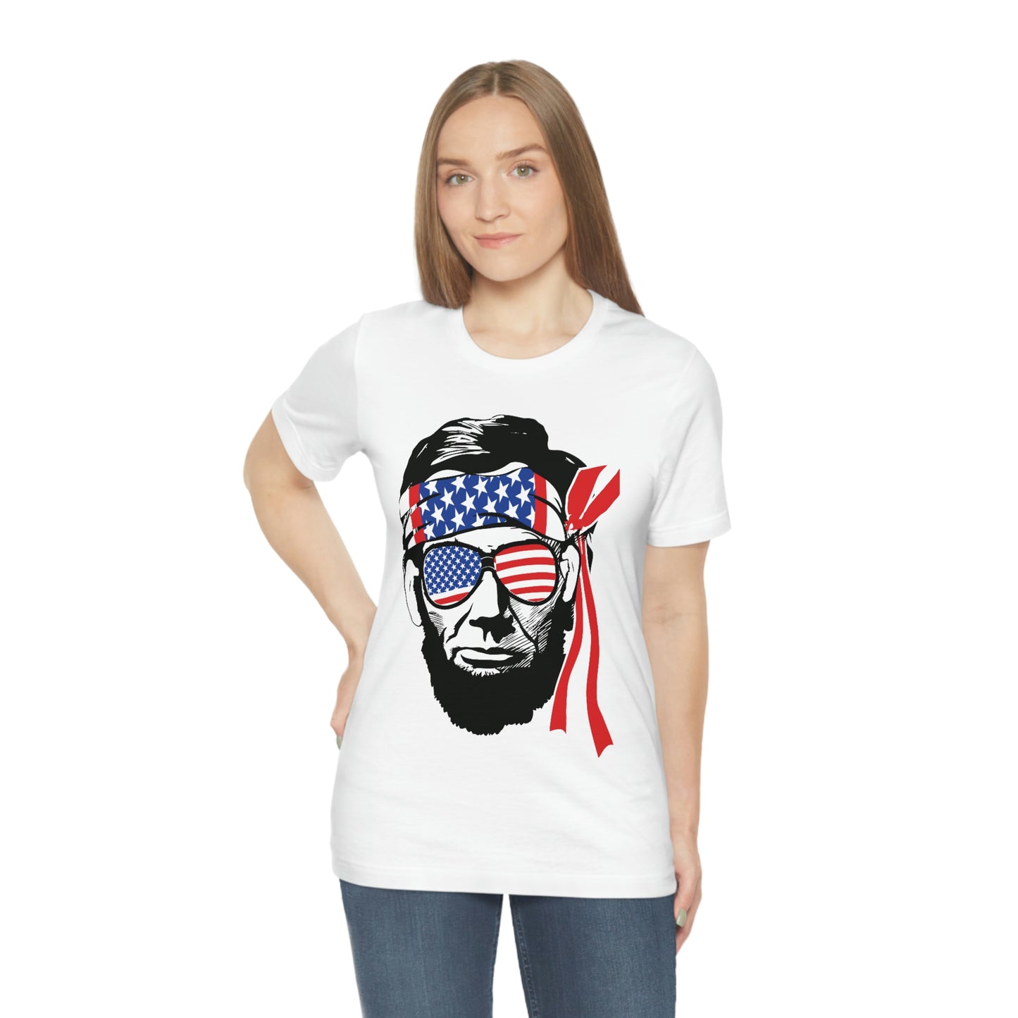 Independence Day Groovy Flag Glasses Well Known Face with Flag Bandana Unisex Jersey Short Sleeve Tee