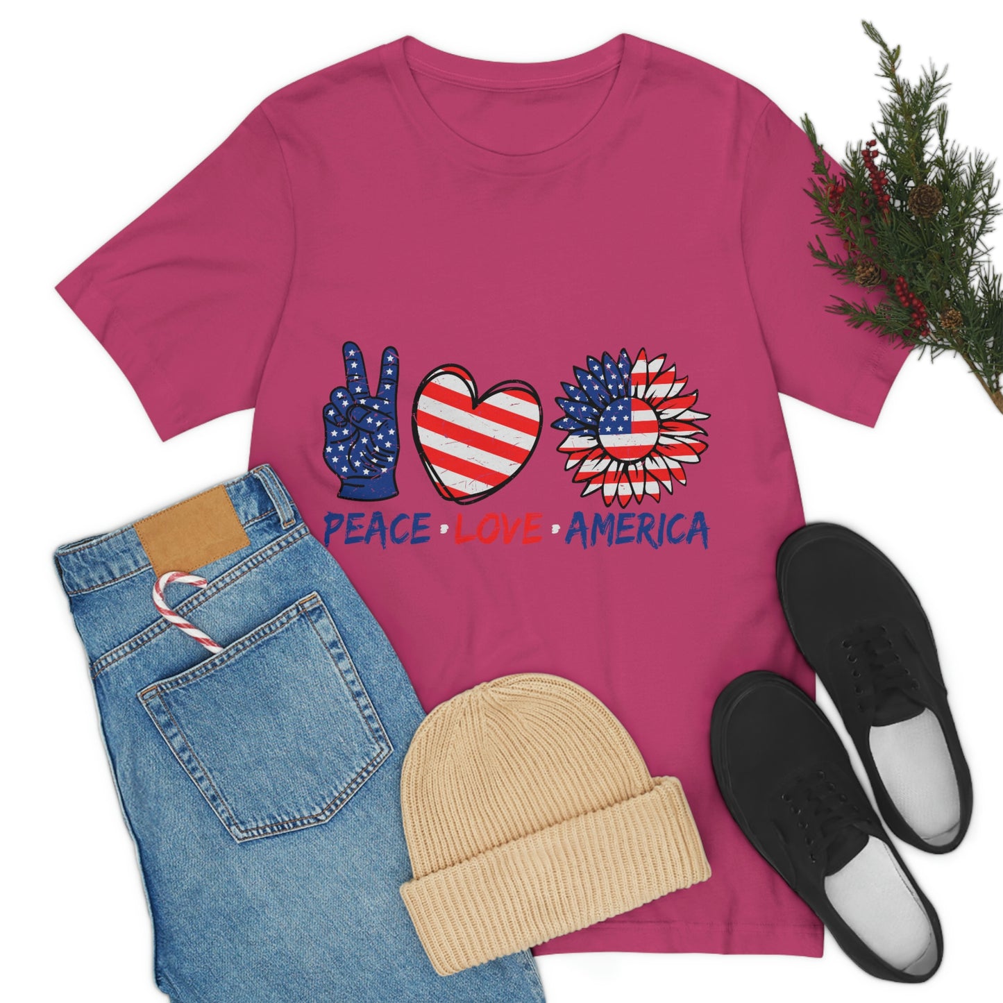 Peace Fingers , Love Heart , America Flag Design Unisex Jersey Short Sleeve Tee