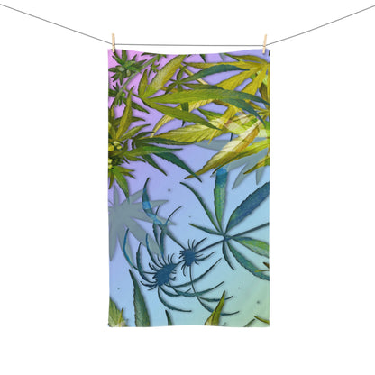 Pinkish Purple And Blue Beautiful Background With Marijuana Pot Weed 420 With Green Leaves Background Hand Towel