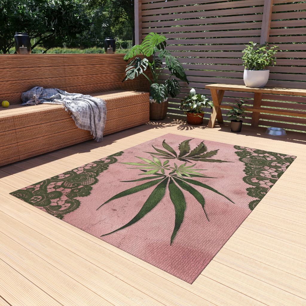 Grey Lace Gorgeous Pink Designed Marijuana 420 Weed Leaf Outdoor Rug
