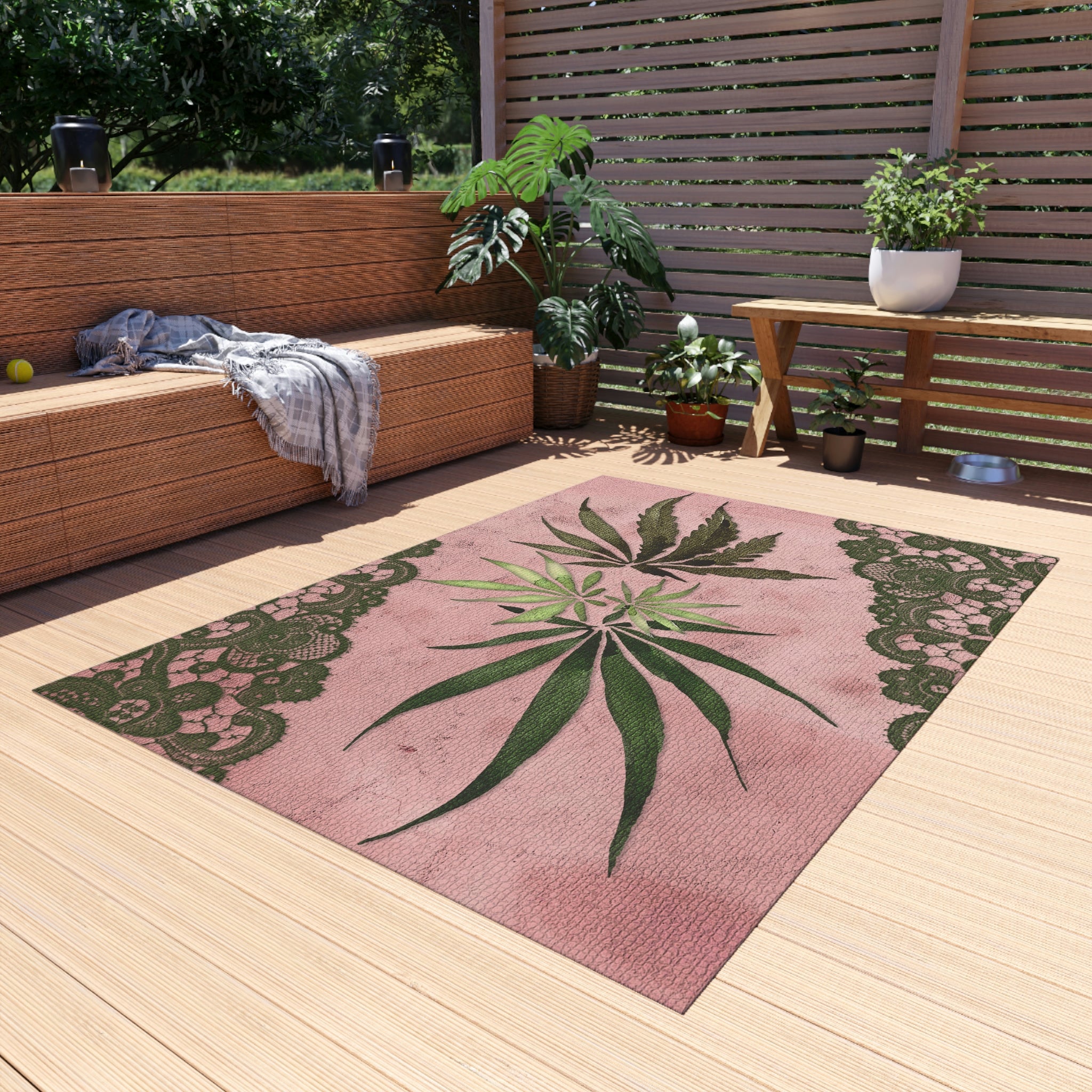 Grey Lace Gorgeous Pink Designed Marijuana 420 Weed Leaf Outdoor Rug