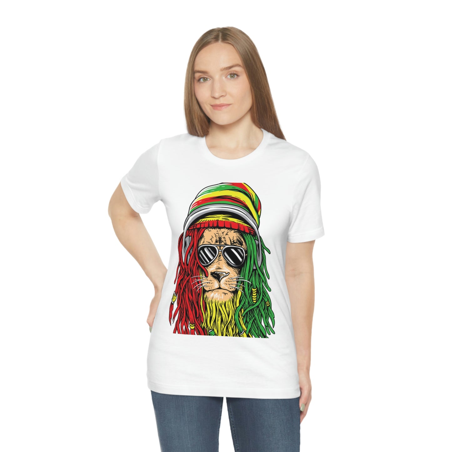 Reggae Lion With Dread locks with Hat, Unisex Jersey Short Sleeve Tee