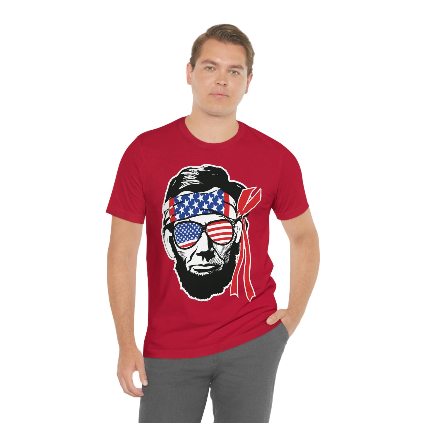 Independence Day Groovy Flag Glasses Well Known Face with Flag Bandana Unisex Jersey Short Sleeve Tee