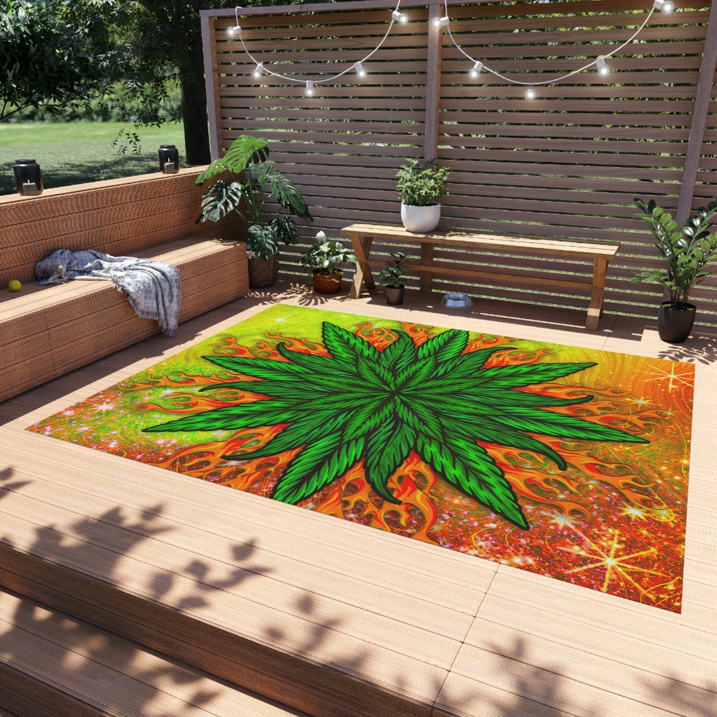 Pot Leaf Collage With Yellow Orange Background With Marijuana Pot Weed 420 Outdoor Rug