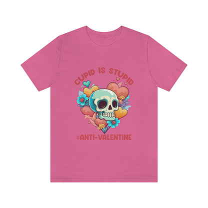 Stupid Cupid #Anti-Valentine Skull With Hearts & Flowers Unisex Jersey Short Sleeve Tee