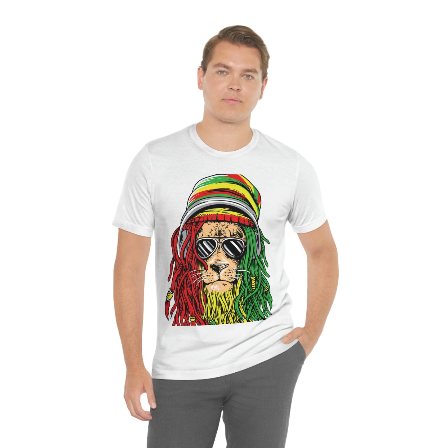 Reggae Lion With Dread locks with Hat, Unisex Jersey Short Sleeve Tee