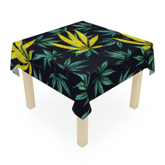 Large Gold Leaf Marijuana Pot Weed 420 With Green Leaf Background Tablecloth