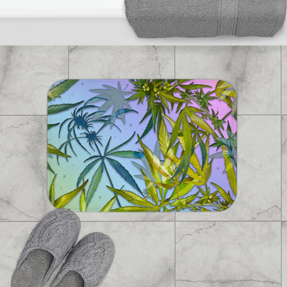 Pinkish Purple And Blue Beautiful Background With Marijuana Pot Weed 420 With Green Leaves Background Bathmat