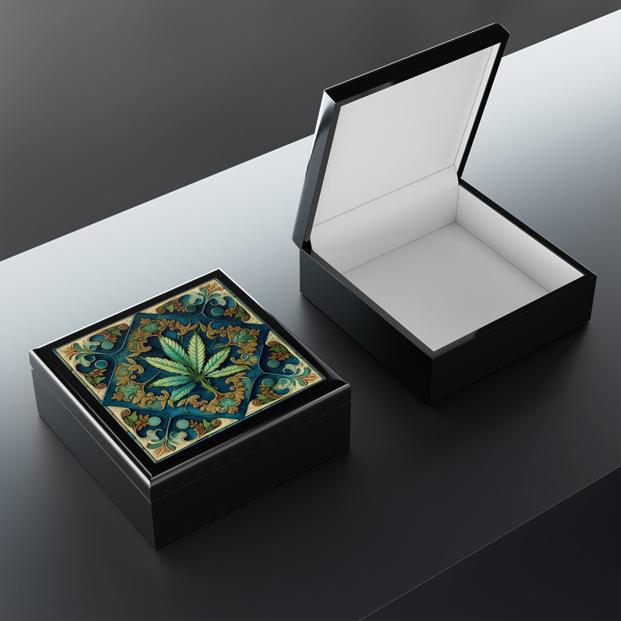 Marijuana Leaf Blue Green Collage Jewelry Box