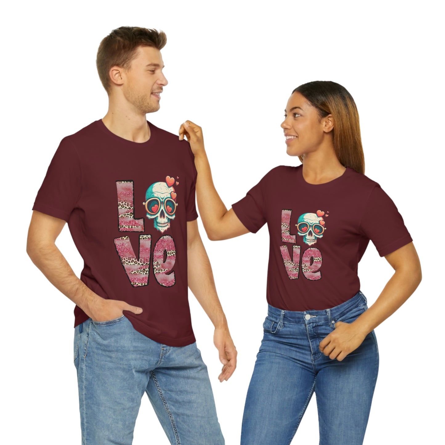 Love Valentine Skull With Red Roses Unisex Jersey Short Sleeve Tee