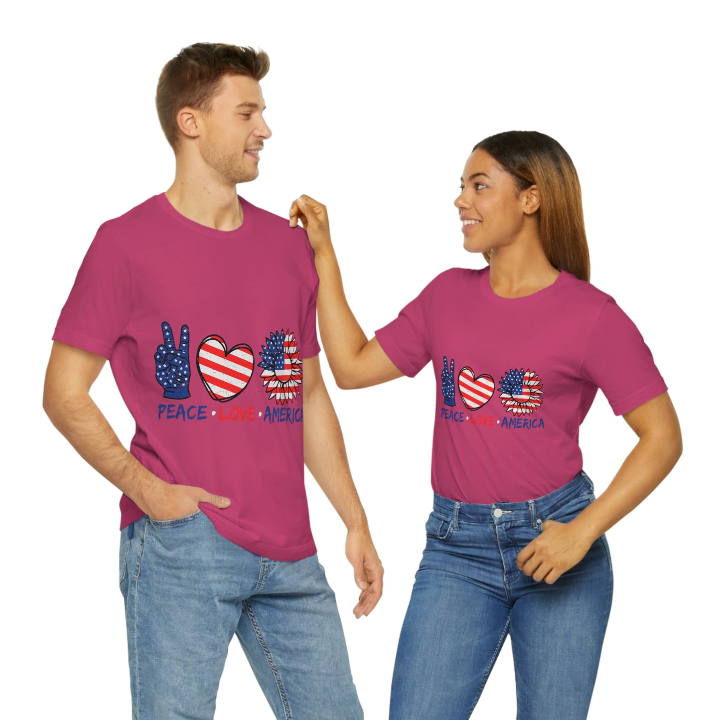 Peace Fingers , Love Heart , America Flag Design Unisex Jersey Short Sleeve Tee