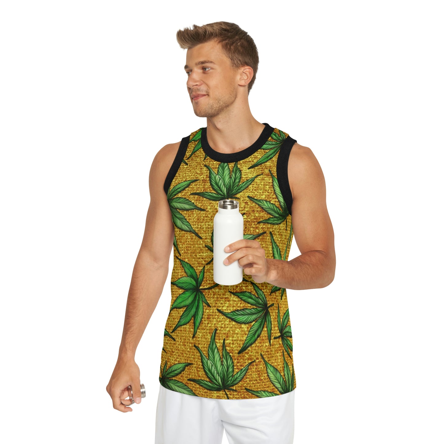 Gold And Green Marijuana Pot Weed Leaf With Gold Background 420 Unisex Basketball Jersey (AOP)