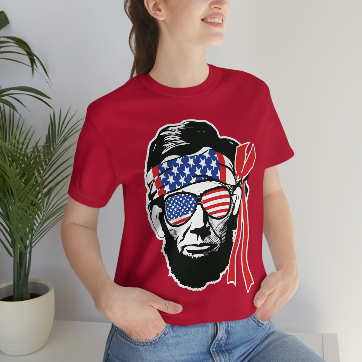 Independence Day Groovy Flag Glasses Well Known Face with Flag Bandana Unisex Jersey Short Sleeve Tee