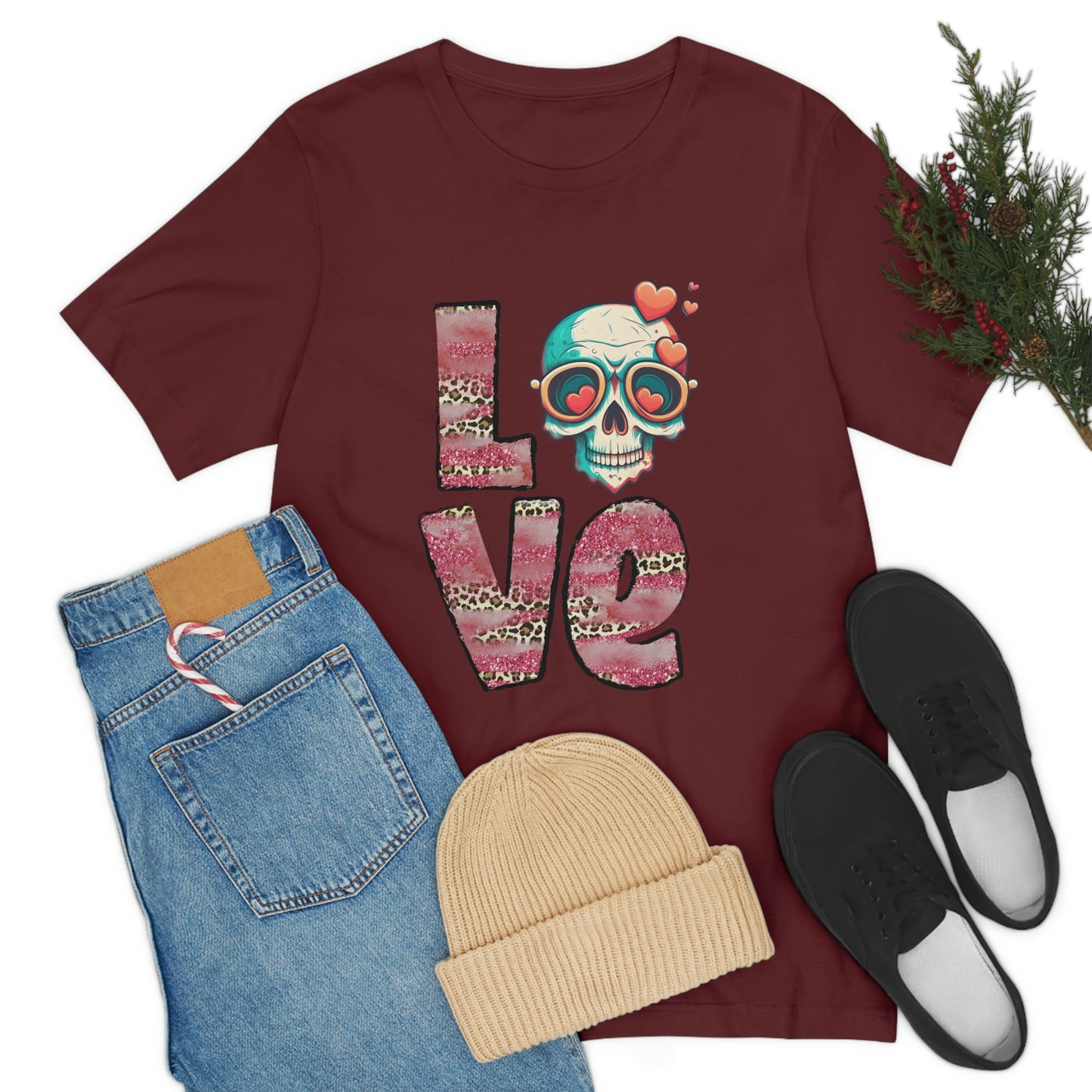 Love Valentine Skull With Red Roses Unisex Jersey Short Sleeve Tee