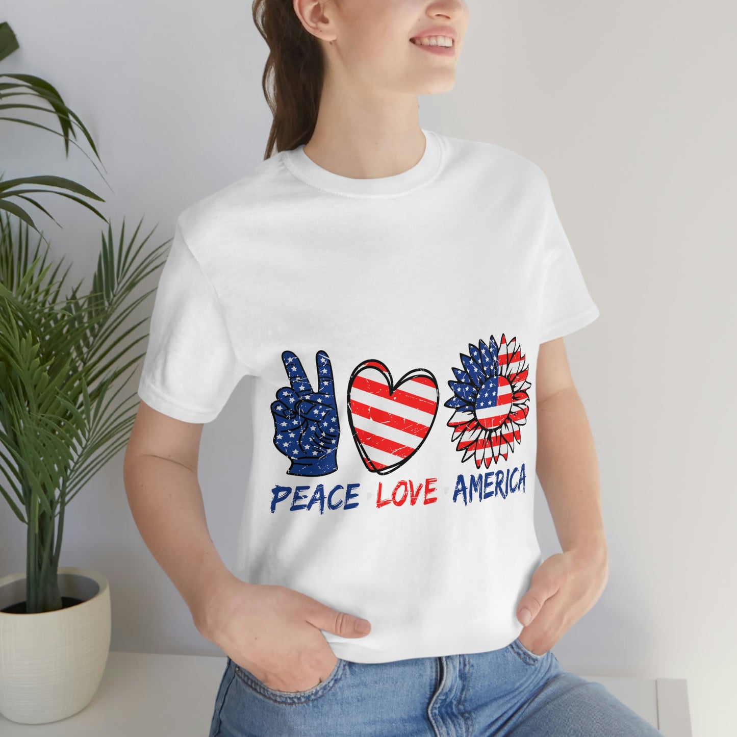 Peace Fingers , Love Heart , America Flag Design Unisex Jersey Short Sleeve Tee