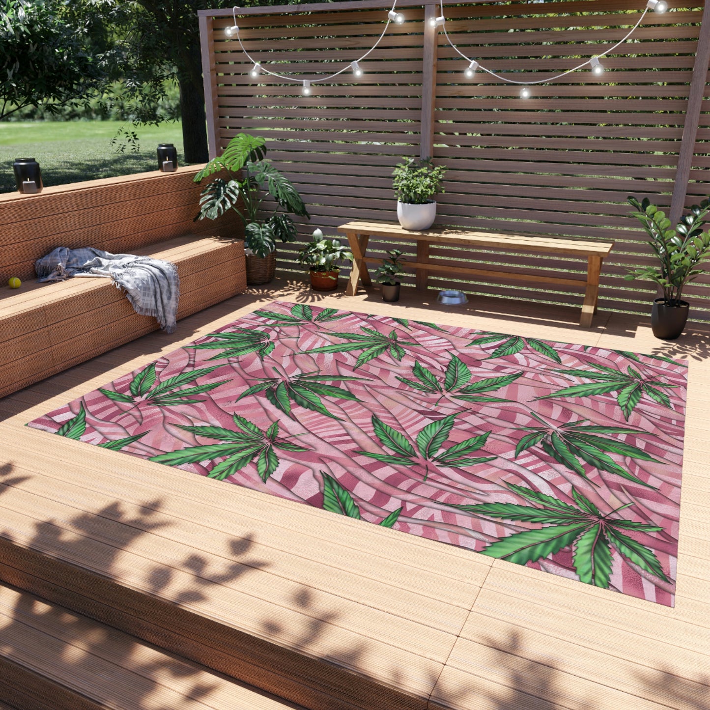 Sassy Pink And Green 420 Weed Marijuana Leaf Outdoor Rug