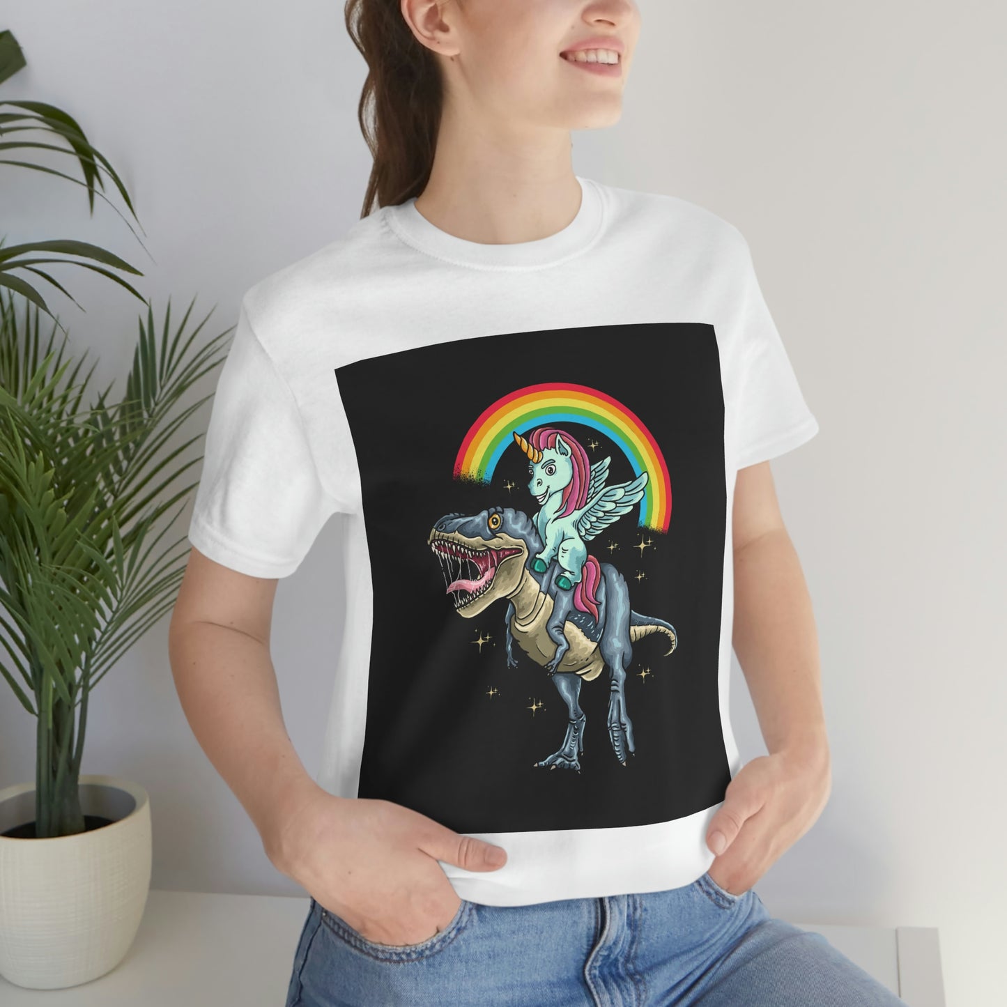 Unicorn Riding a dinosaur, Unisex Jersey Short Sleeve Tee