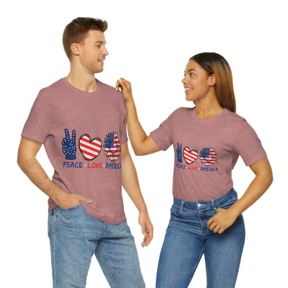 Peace Fingers , Love Heart , America Flag Design Unisex Jersey Short Sleeve Tee