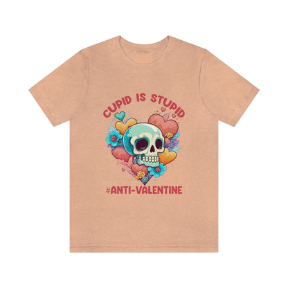 Stupid Cupid #Anti-Valentine Skull With Hearts & Flowers Unisex Jersey Short Sleeve Tee