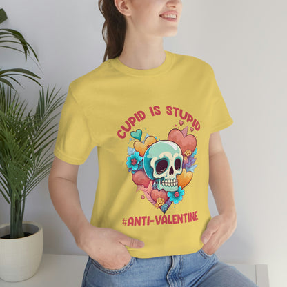 Stupid Cupid #Anti-Valentine Skull With Hearts & Flowers Unisex Jersey Short Sleeve Tee