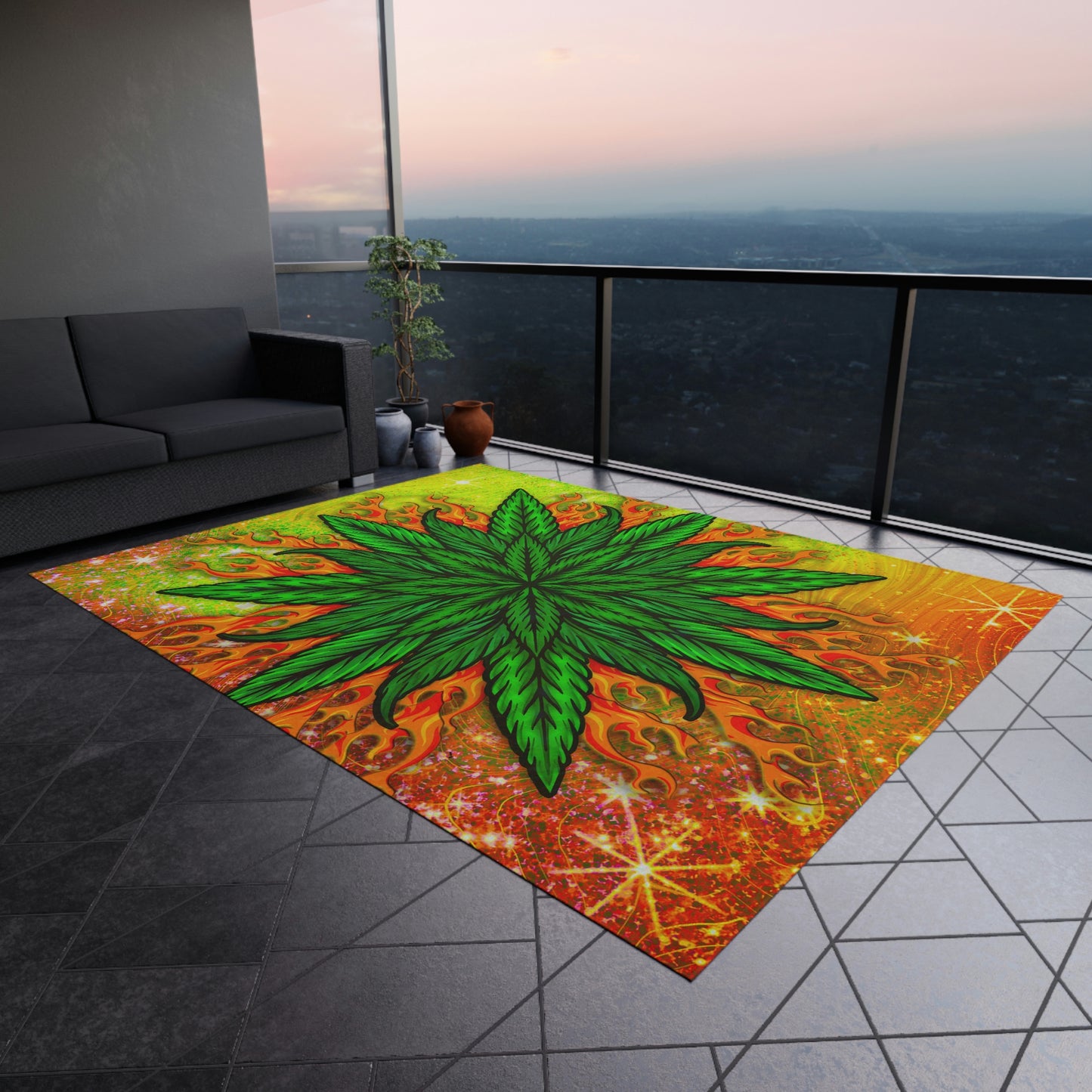 Pot Leaf Collage With Yellow Orange Background With Marijuana Pot Weed 420 Outdoor Rug