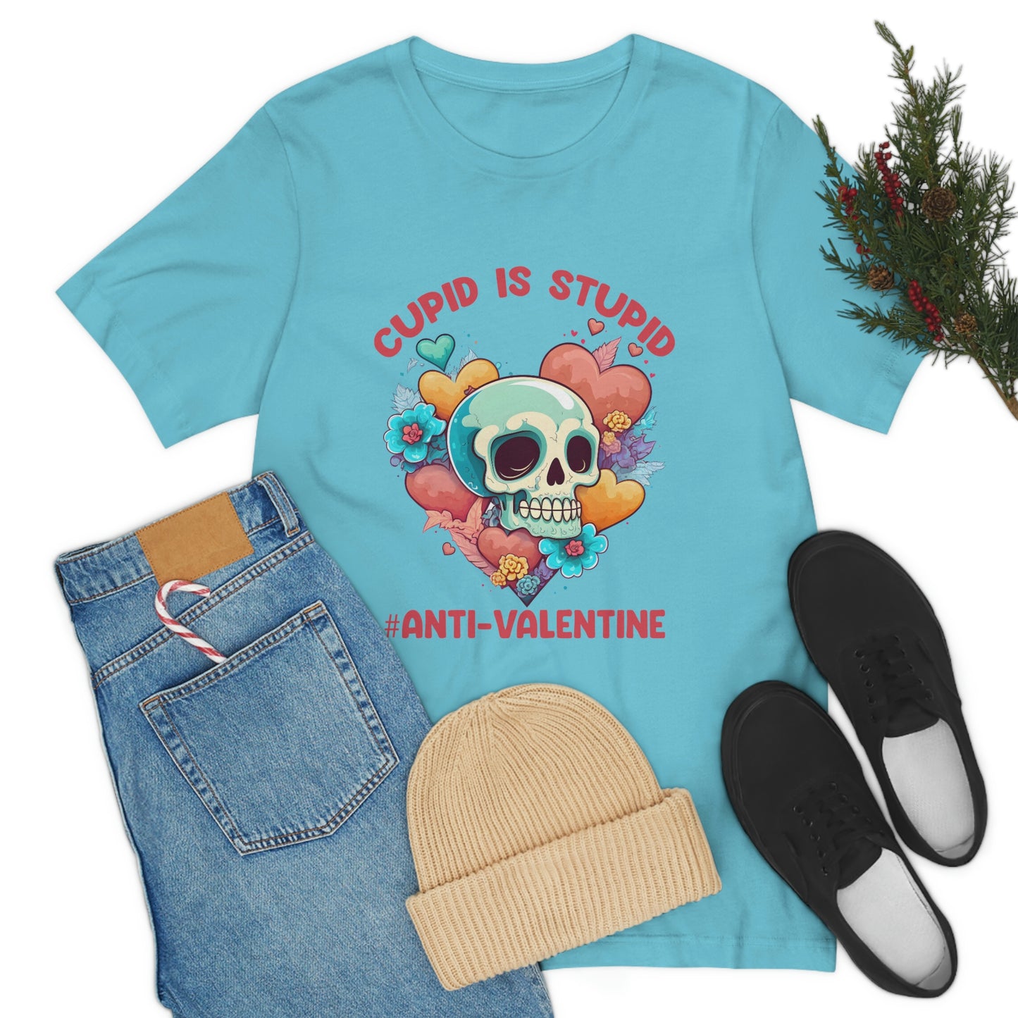 Stupid Cupid #Anti-Valentine Skull With Hearts & Flowers Unisex Jersey Short Sleeve Tee