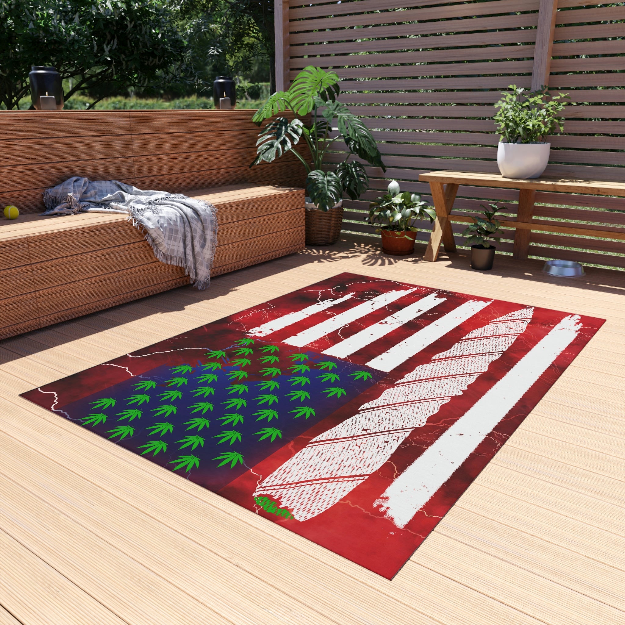 Flag Red, White And Blue Beautiful Red Background With Marijuana Pot Weed 420 Outdoor Rug