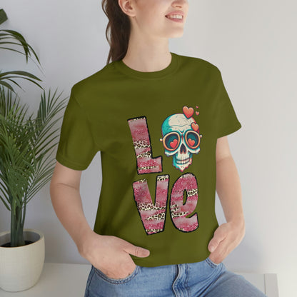 Love Valentine Skull With Red Roses Unisex Jersey Short Sleeve Tee