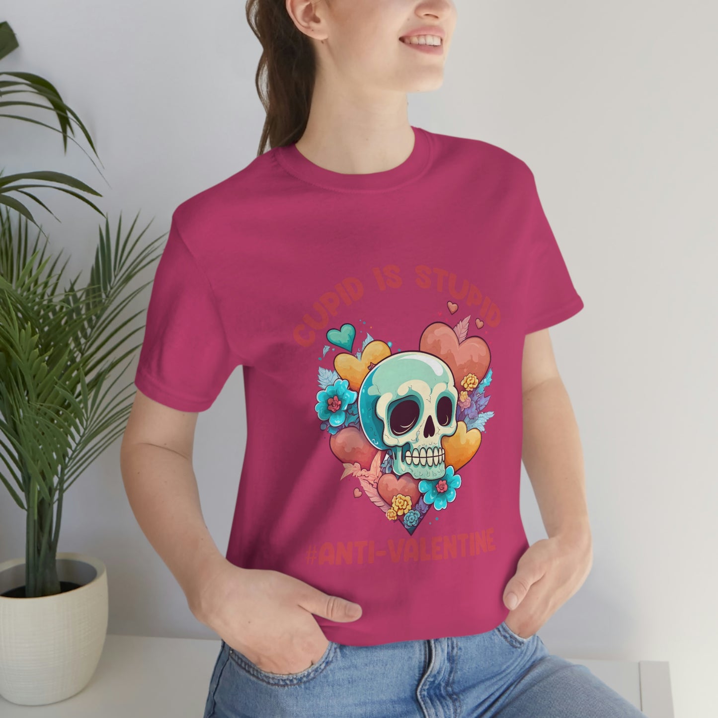 Stupid Cupid #Anti-Valentine Skull With Hearts & Flowers Unisex Jersey Short Sleeve Tee