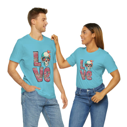 Love Valentine Skull With Red Roses Unisex Jersey Short Sleeve Tee