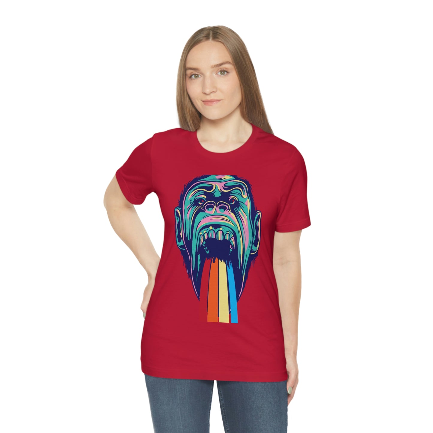 Color Ape Pouring flowing Rainbow Out His Mouth, Unisex Jersey Short Sleeve Tee