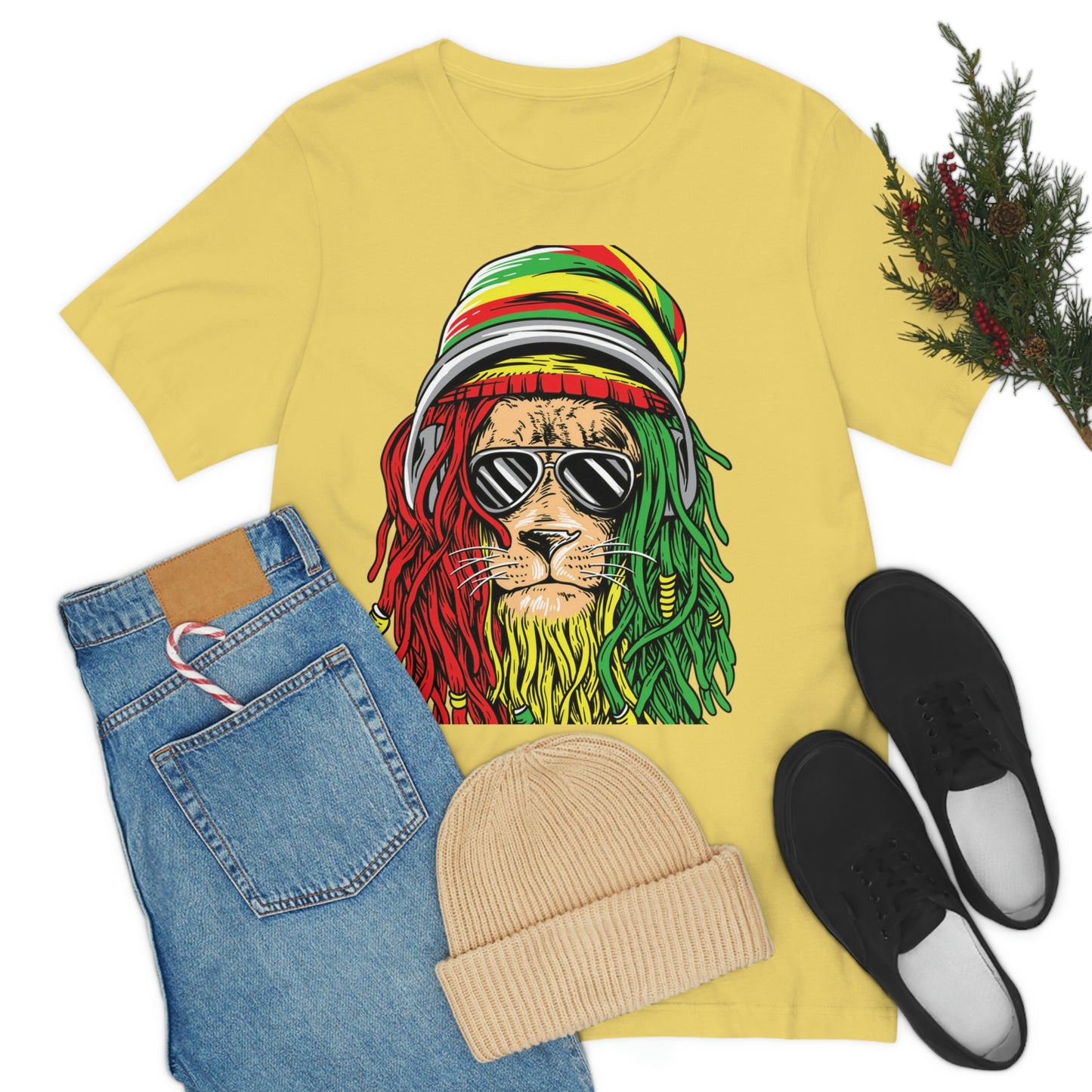 Reggae Lion With Dread locks with Hat, Unisex Jersey Short Sleeve Tee