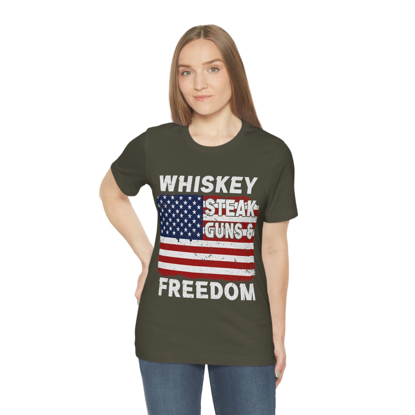 Whiskey Steak Gun And Freedom, American Flag, Fourth Of July 4th Unisex Jersey Short Sleeve Tee