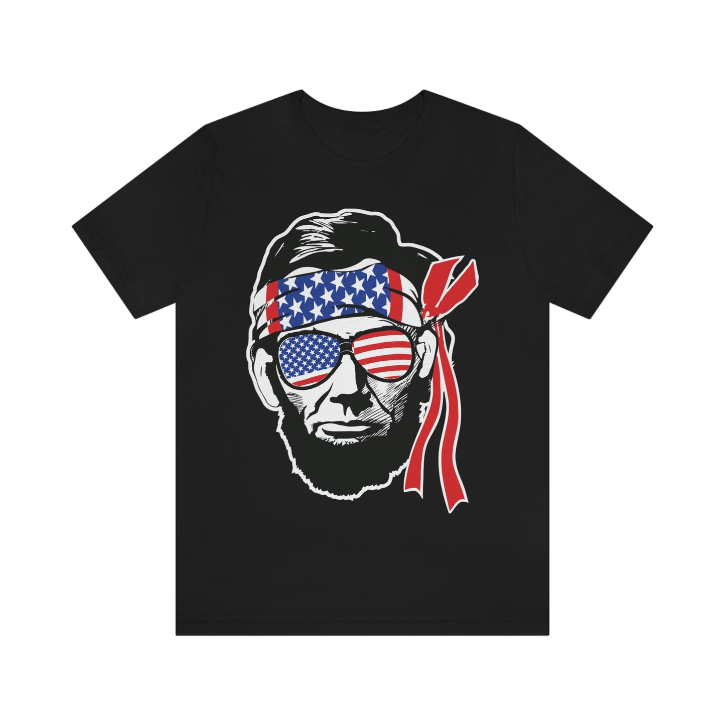 Independence Day Groovy Flag Glasses Well Known Face with Flag Bandana Unisex Jersey Short Sleeve Tee