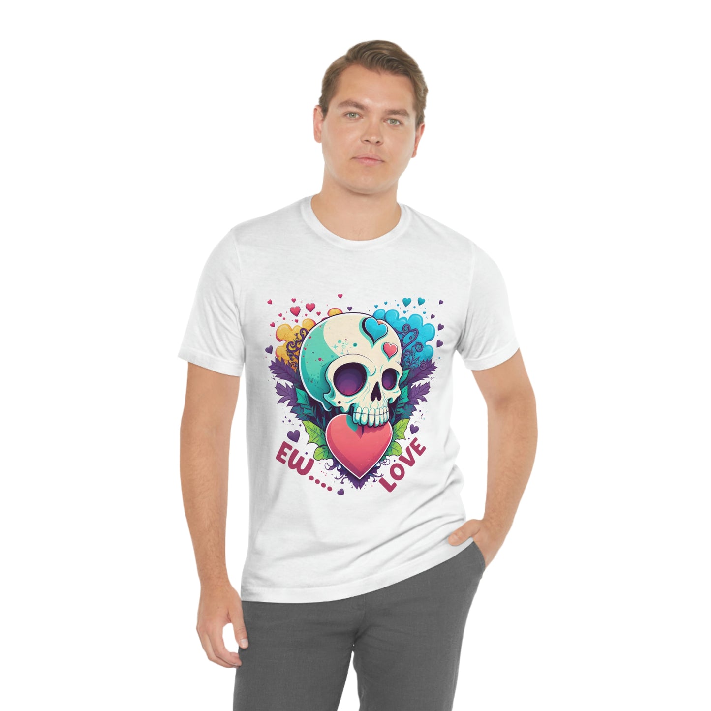 Ew Love Valentine Skull  With Pink And Blue Hearts Unisex Jersey Short Sleeve Tee