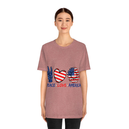 Peace Fingers , Love Heart , America Flag Design Unisex Jersey Short Sleeve Tee