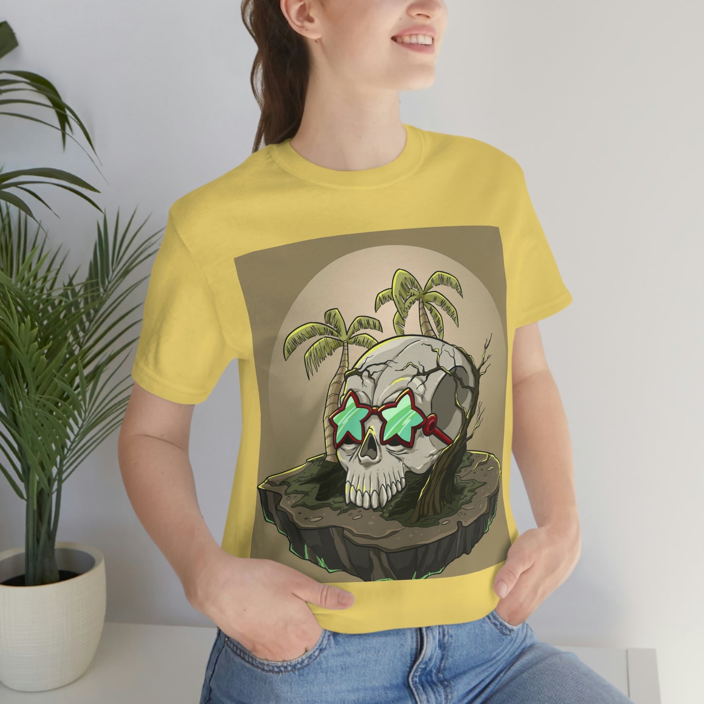 Tropical Island & Skull, Unisex Jersey Short Sleeve Tee