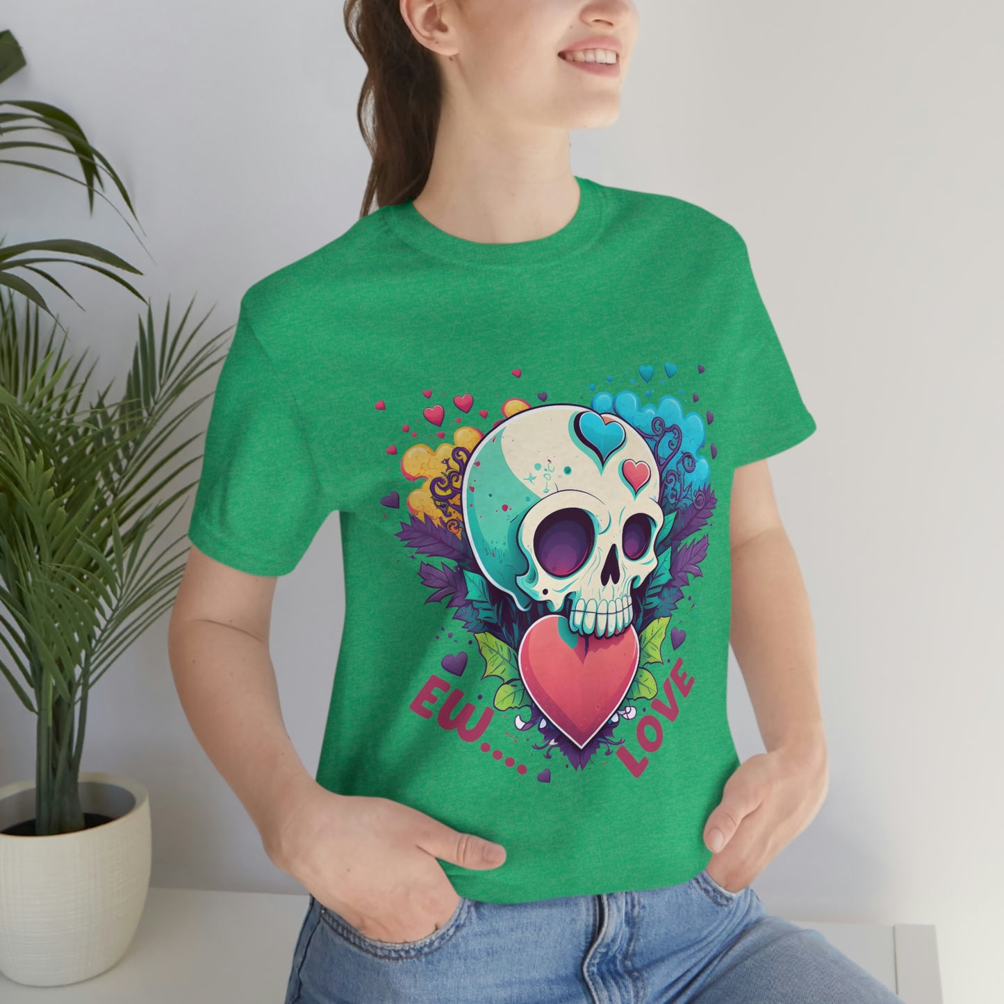 Ew Love Valentine Skull  With Pink And Blue Hearts Unisex Jersey Short Sleeve Tee