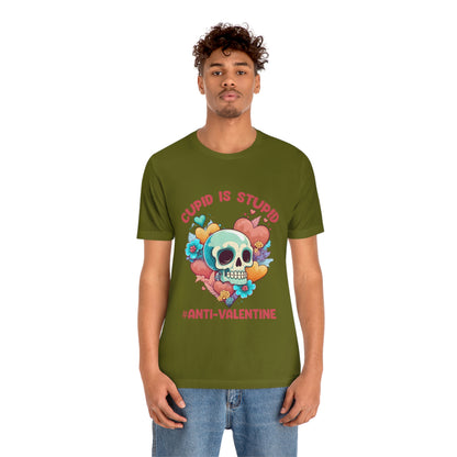 Stupid Cupid #Anti-Valentine Skull With Hearts & Flowers Unisex Jersey Short Sleeve Tee