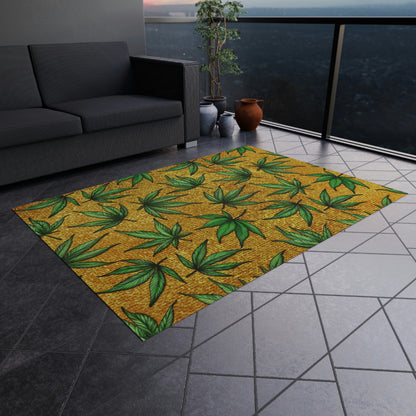 Gold And Green Marijuana Pot Weed Leaf With Gold Background 420 Outdoor Rug