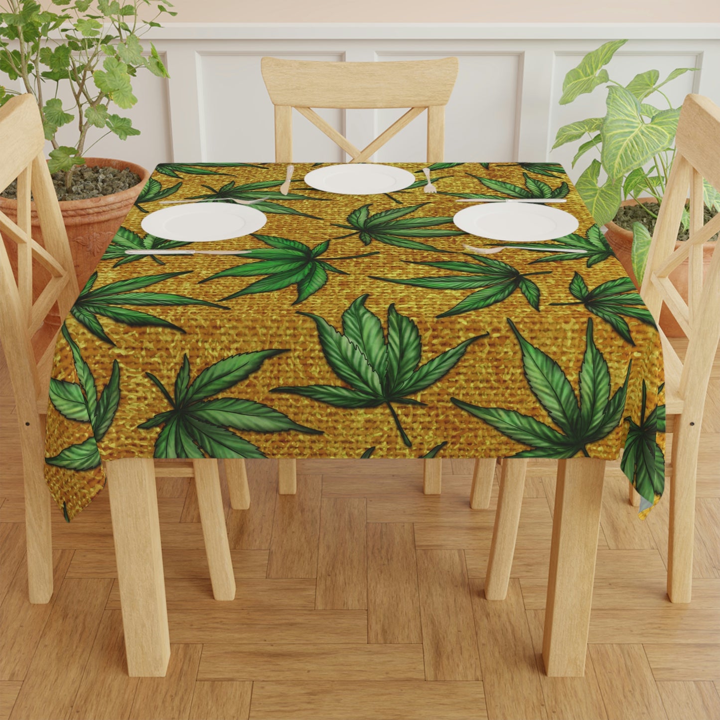 Gold And Green Marijuana Pot Weed Leaf With Gold Background 420 Tablecloth