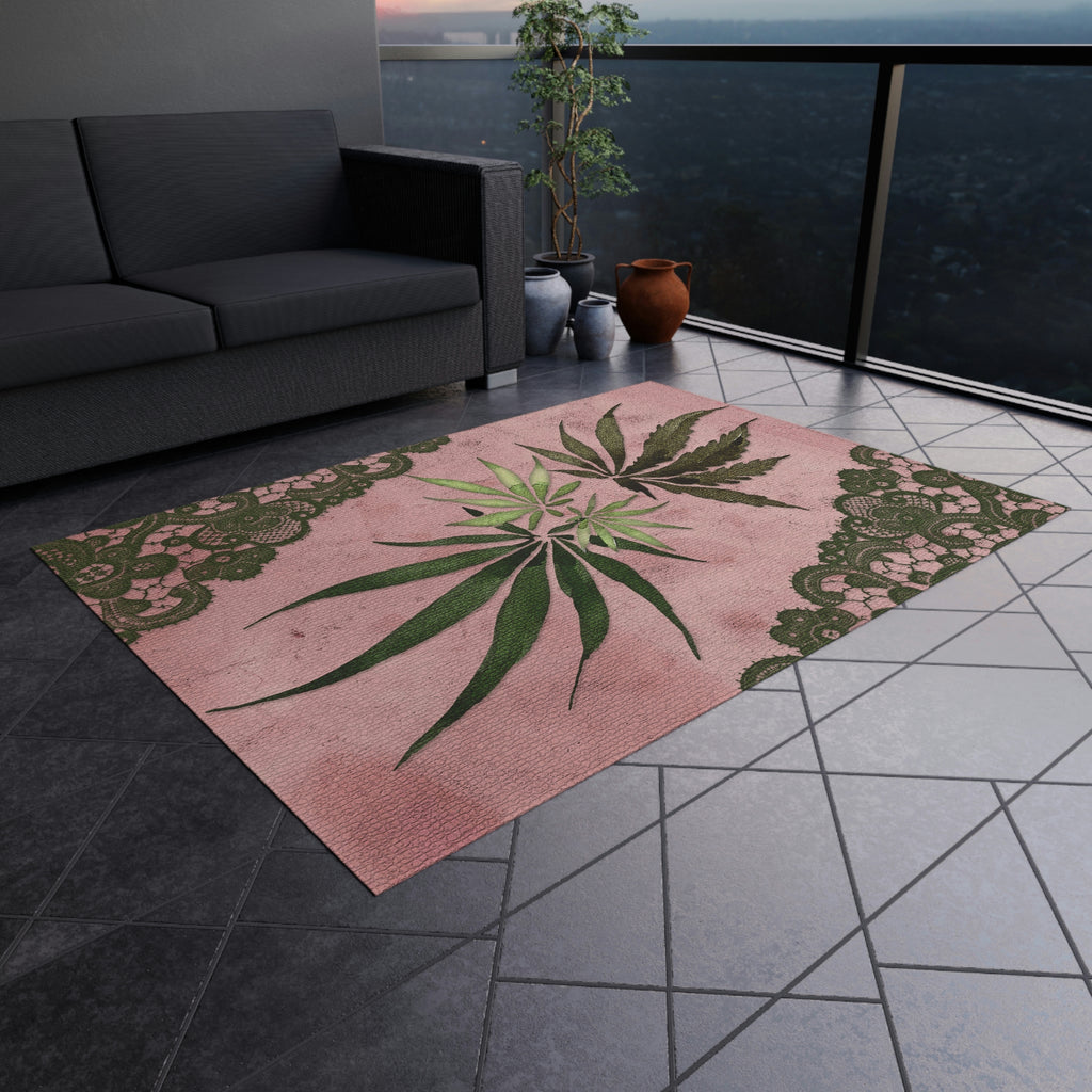 Grey Lace Gorgeous Pink Designed Marijuana 420 Weed Leaf Outdoor Rug