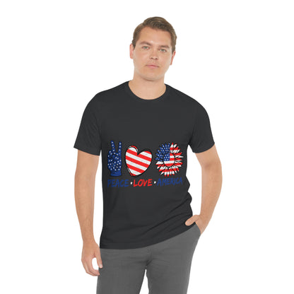 Peace Fingers , Love Heart , America Flag Design Unisex Jersey Short Sleeve Tee